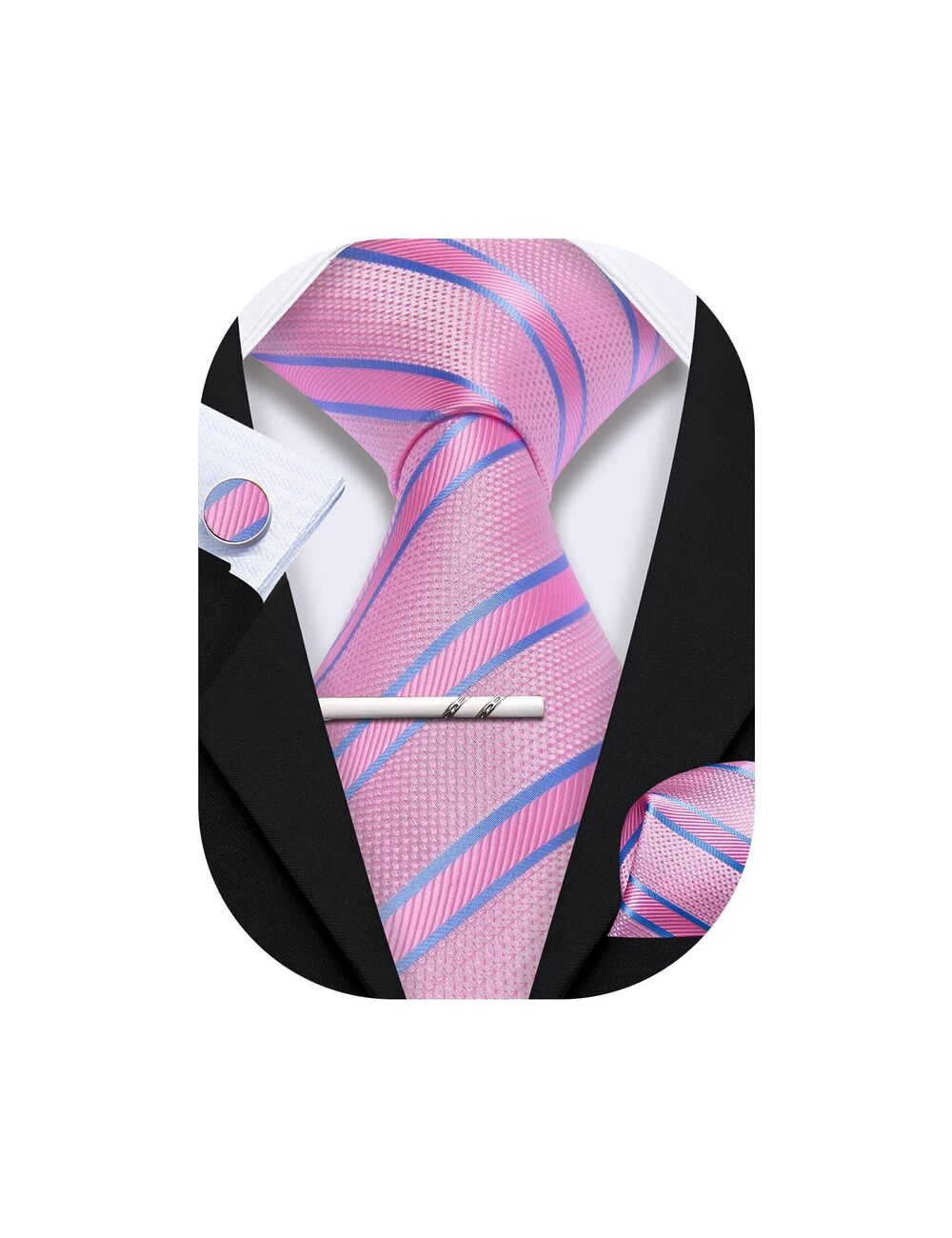 2093 Pink Blue Tie with Tie Clip Striped Silk Necktie Handkerchief